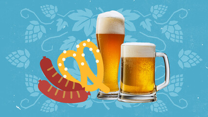 Two foamy beer glasses stand on blue folk leaf background with a large pretzel and red sausages, combining pixel art charm with Oktoberfest energy in a colorful pop collage composition