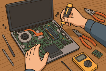 Technician repairing laptop computer with screwdriver. IT support specialist fixing electronic hardware on motherboard. Computer service, maintenance, and diagnostics concept.