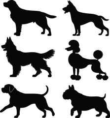 Collection of Black Dog Silhouettes Featuring Popular Breeds on White Background, A set of dogs silhouettes
