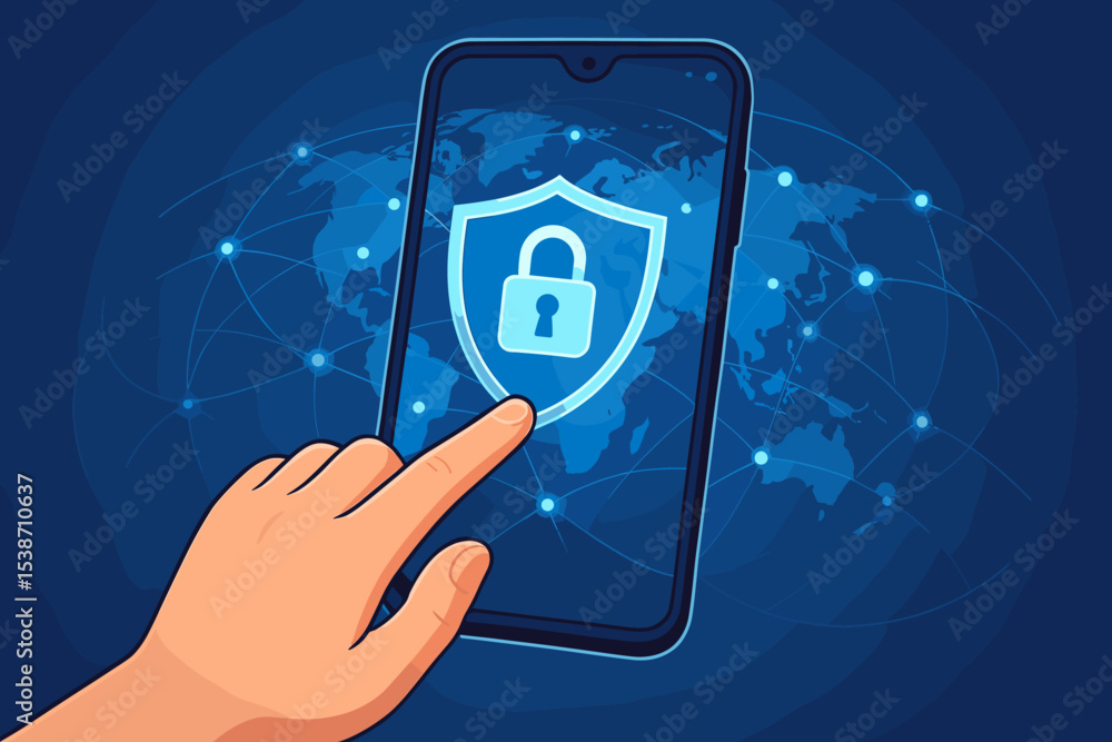 Poster cyber security technology concept with hand touching smartphone. shield and padlock icon for data pr
