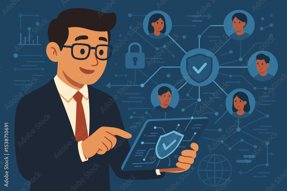 Poster cybersecurity analyst managing a secure user network. it specialist with tablet. concept for data pr