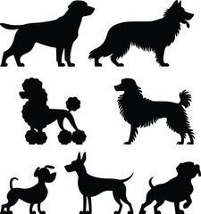 Silhouette Pack of Iconic Dog Breeds – Standing, Sitting, and Running Poses, dogs silhouettes vector