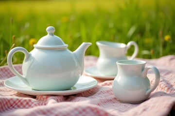 Fototapeta premium Porcelain tea set on a picnic blanket in a grassy field. 