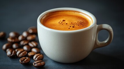 Obraz premium Espresso in a cup with coffee beans on dark background