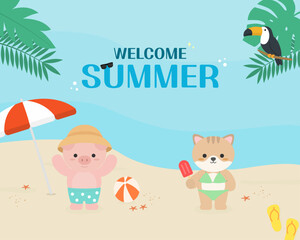 해변에서 여름을 즐기는 귀여운 캐릭터 일러스트