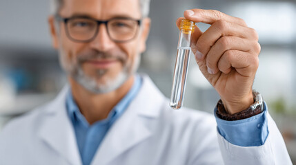 A scientist in a lab coat holding a test tube, professional working concept