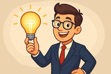 Businessman holding a glowing light bulb. Concept of creative idea, innovation, and solution. Happy entrepreneur character with inspiration for business success. Cartoon vector icon.