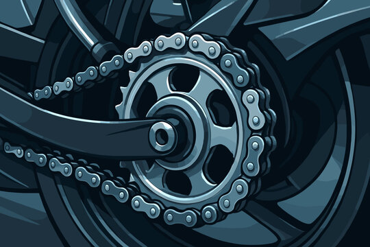 Motorcycle chain drive and sprocket gear on the rear wheel. Detailed vector illustration of a motorbike transmission system. Concept of mechanics, power, speed, and repair.