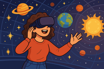 Woman wearing VR headset explores space. Virtual reality planetarium experience. Girl interacts with a solar system simulation. Metaverse concept for education, learning, and astronomy.