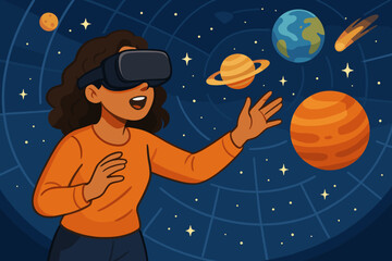 Woman in VR headset explores the solar system in a virtual reality experience. Girl at a digital planetarium learning astronomy. Concept for metaverse, edutech, science, and future technology.