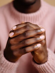 Fototapeta premium Close-up of clasped hands with natural nails wearing a cozy pink sweater, conveying warmth and comfort.