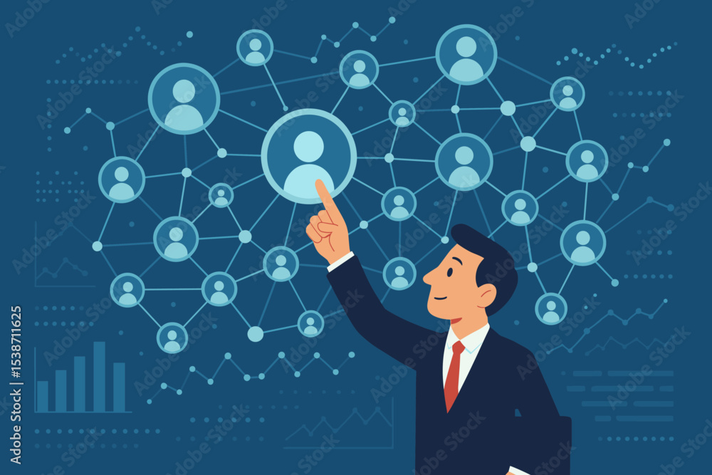 Poster businessman analyzing social network data for marketing. manager pointing at user profile icon for c