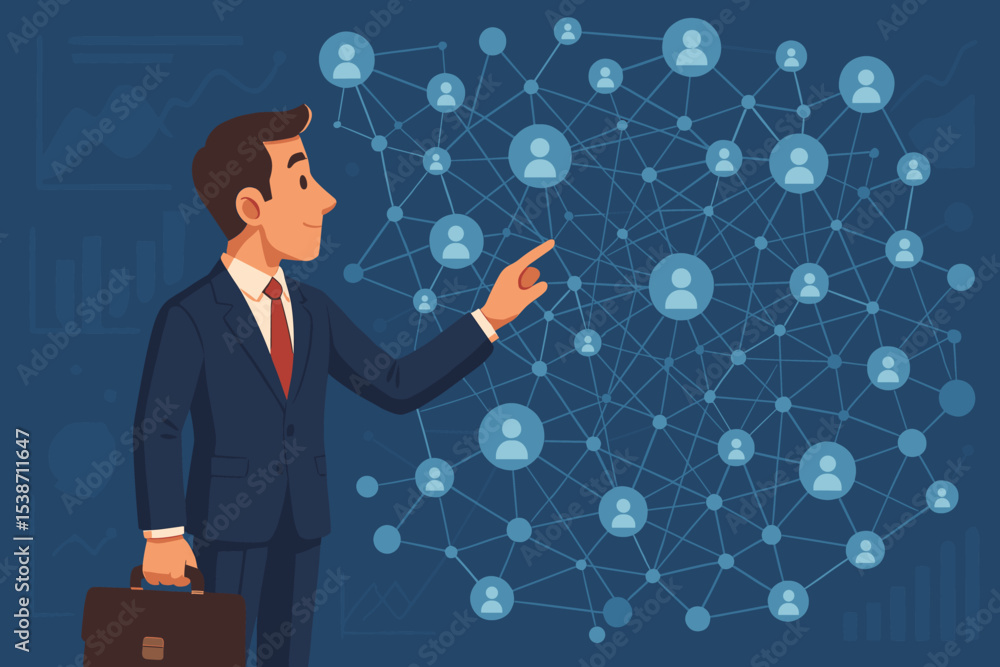 Poster businessman analyzing social network data on a virtual interface. manager interacting with a digital