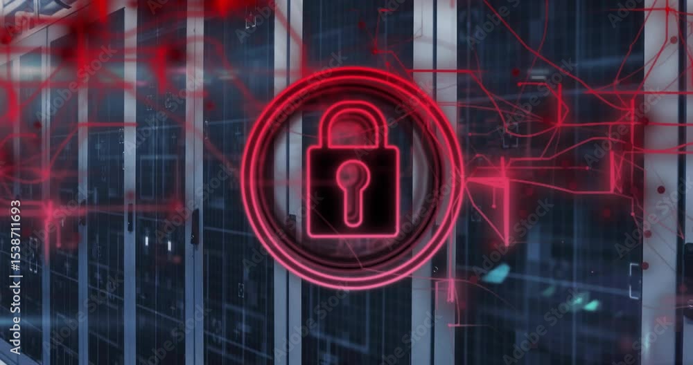 Poster red padlock brightening and pulsing with circuit lines materializing across servers securing data
