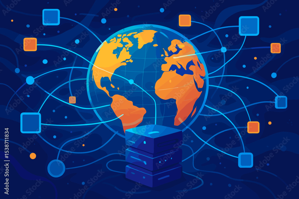 Poster global digital network and communication technology concept. planet earth with servers for cloud com