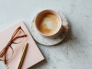 A warm coffee cup rests on a notebook beside glasses and a pen, creating a perfect study or work setting.