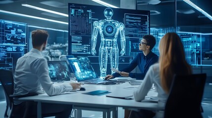Innovation Unveiled: A group of scientists and engineers collaborate around an advanced holographic projection of a humanoid robot, signifying technological advancement and groundbreaking research.