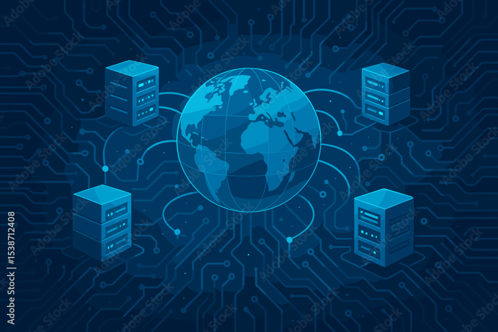Poster global network connection concept with isometric servers and earth globe. digital technology, cloud 
