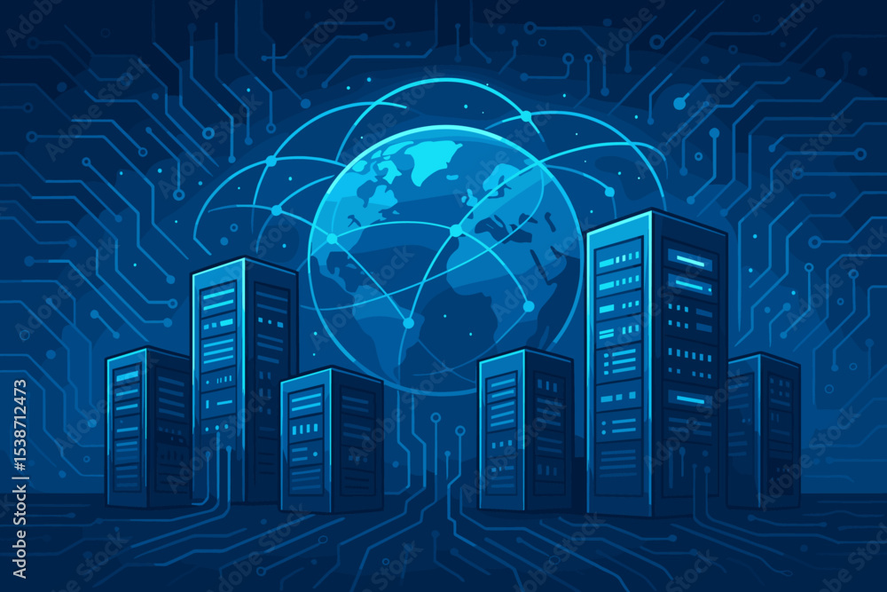 Poster global digital network and data center concept. server farm hosting, cloud computing storage technol
