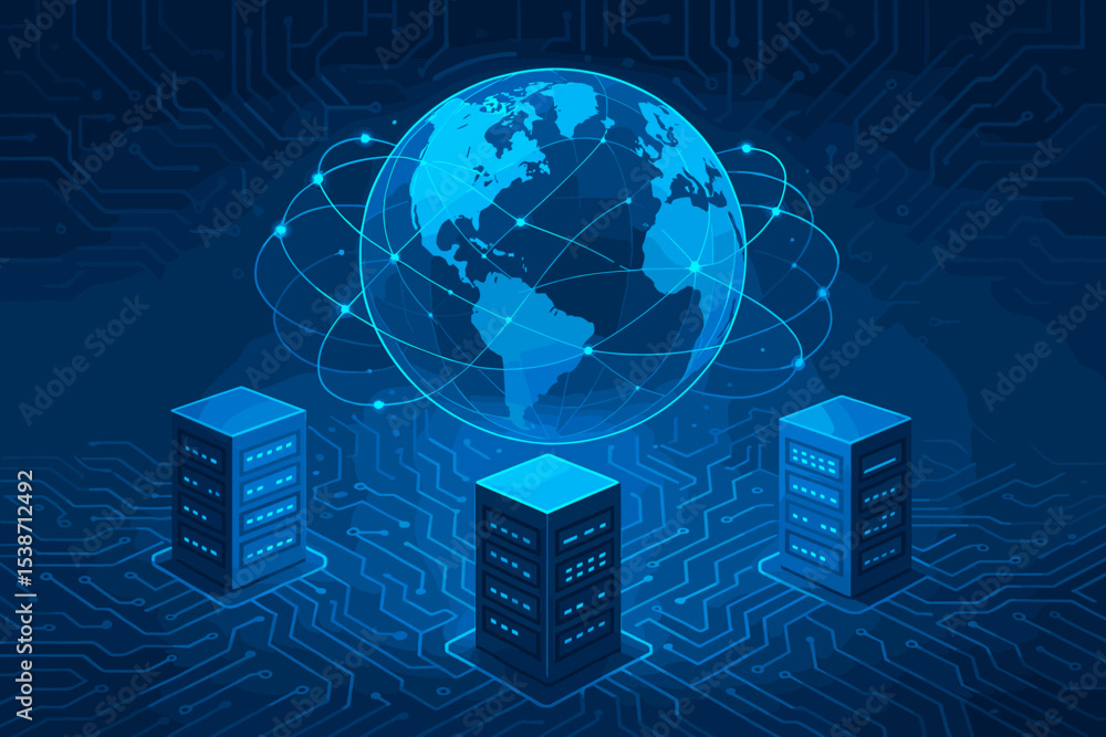 Poster global digital network and communication technology concept. isometric illustration of server racks 
