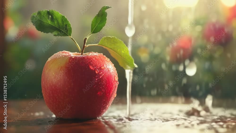 Poster A single apple sits on a table with a small leaf protruding from its surface