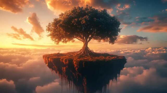 Majestic tree floating above clouds at sunset, serene sky
