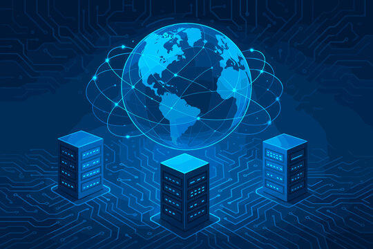 Global digital network and communication technology concept. Isometric illustration of server racks and a connected world globe. Big data, cloud computing, futuristic vector background.