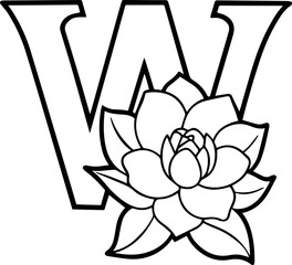 Alphabet W coloring page with the flower, W letter digital outline floral, ABC coloring page
