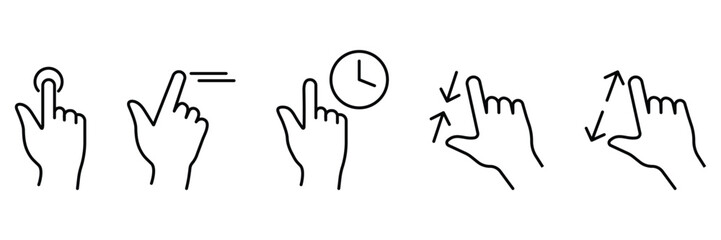 Hand gesture touch interaction tap swipe hold zoom pinch mobile interface icon set vector illustration user control motion.