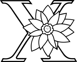 Alphabet X coloring page with the flower, X letter digital outline floral, ABC coloring page
