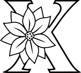 Alphabet X coloring page with the flower, X letter digital outline floral, ABC coloring page