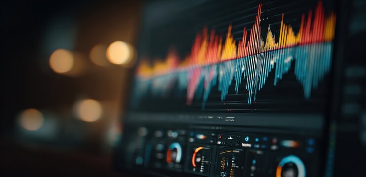 A screen displays a colorful audio waveform with numerous knobs and controls visible on a dark interface