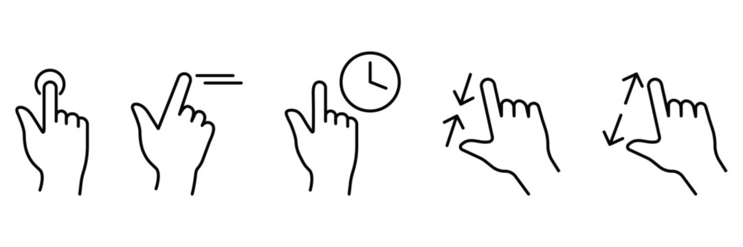 Hand gesture touch interaction tap swipe hold zoom pinch mobile interface icon set vector illustration user control motion.