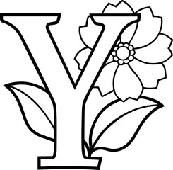 Alphabet Y coloring page with the flower, Y letter digital outline floral, ABC coloring page