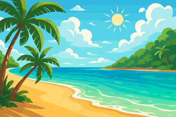 Fototapeta premium Tropical beach paradise landscape with palm trees on a sunny day. Summer vacation concept with ocean, sand, and blue sky. Vector illustration of a beautiful island background.