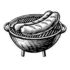 Obraz premium Hand-Drawn Engraving of Grill with Hotdogs for Food Blogs, Culinary Websites, Outdoor Cooking Articles, and Barbecue Event Promotions 