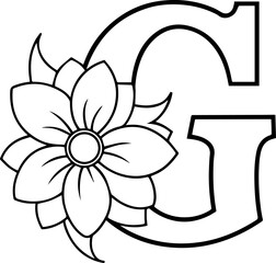 Alphabet G coloring page with the flower, G letter digital outline floral, ABC coloring page