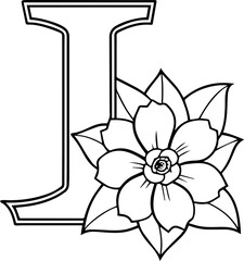 Alphabet I coloring page with the flower, I letter digital outline floral, ABC coloring page