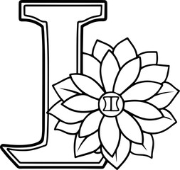 Alphabet I coloring page with the flower, I letter digital outline floral, ABC coloring page