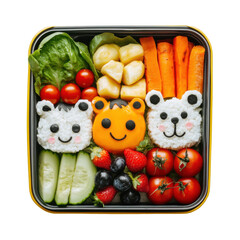 Cute and Colorful Animal-Themed Bento Box with Rice, Vegetables, and Fruits for Kids on transparent background