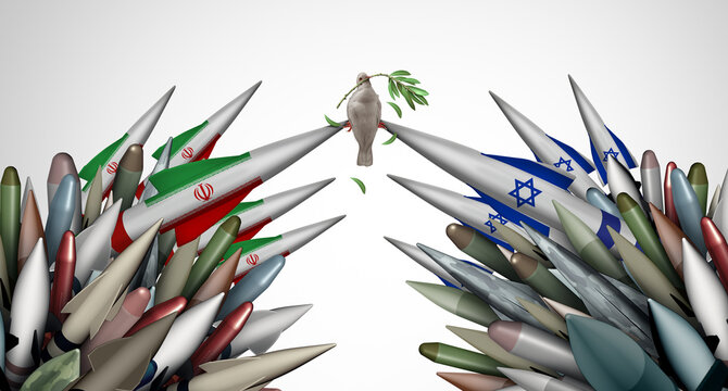 Iran Israel Peace crisis and Middle East War ceasefire failure as Iranian Israeli Military conflict and armed confrontation or proxy war conflict with two opposing governments in a dispute.