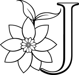 Alphabet J coloring page with the flower, J letter digital outline floral, ABC coloring page