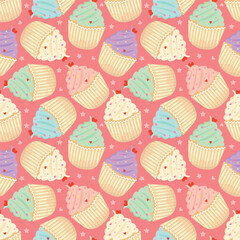 Seamless pattern with cupcakes, hearts on pink. 
