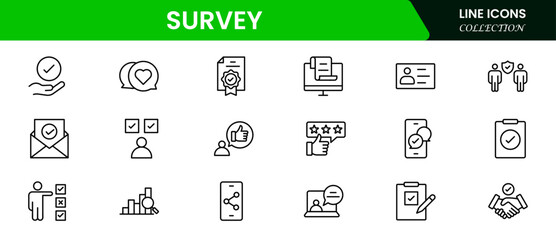 Precise vector web line icons depicting surveys, questionnaires, feedback, data collection, and analytics for insightful decision-making and user engagement.