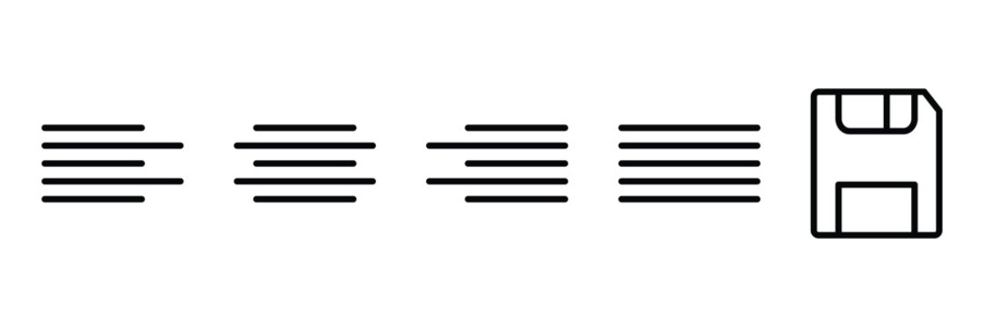 Text alignment and save icon set for document editor toolbar interface with left center right justify and floppy disk symbol.