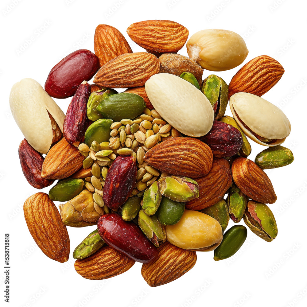 Poster assorted variety of colorful nuts and seeds on a white background for healthy snacking and culinary 