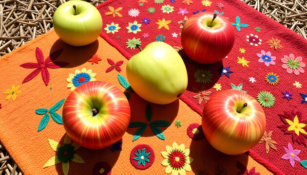 Variety of apples arranged on a colorful floral tablecloth  