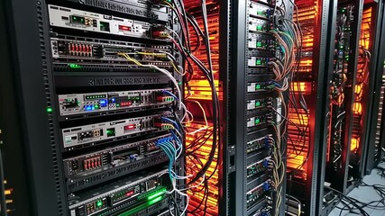 High-tech server room showcasing illuminated racks filled with networking equipment and cables - Powered by Adobe