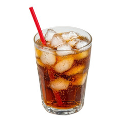 Refreshing soft drink with ice cubes and red straw in transparent glass for summer enjoyment or beverage advertisements transparent background