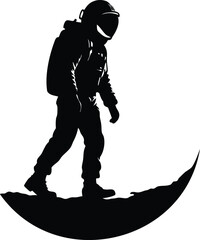 An astronaut steps onto a crescent moon in silhouette art style © hamiduls11arts